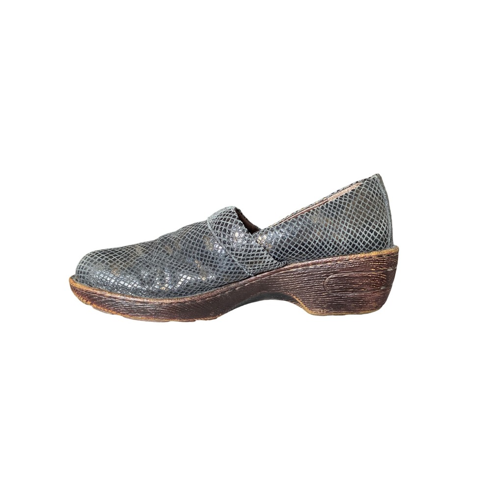 Born Womens Grey Metallic Snakeskin Embossed Leather Clogs Platform Wedge Shoes